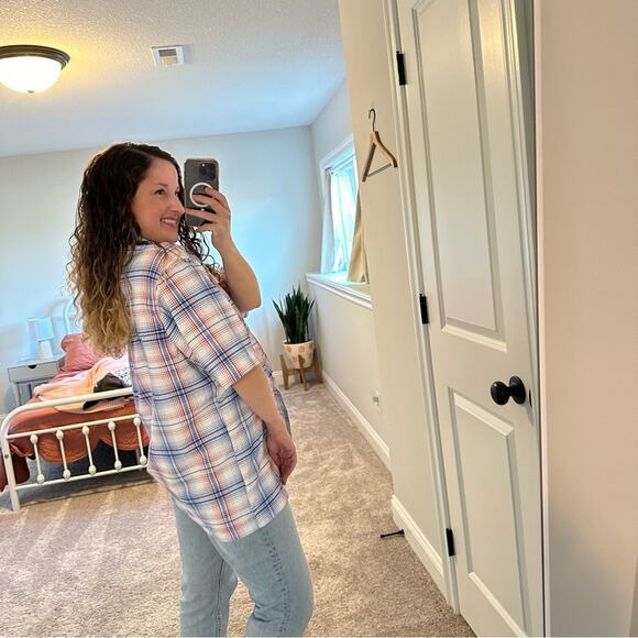 HABIT Red White Blue Plaid Button Front Fisherman Top Medium - Picture 3 of 9